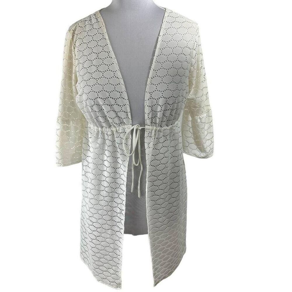Jantzen Women's SZ L Cream Open Weave Swim Cover-up Bell Sleeves Textured